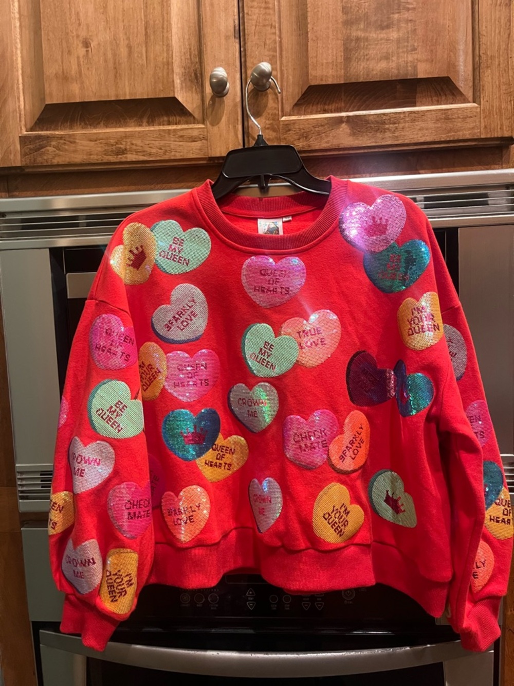 Queen of Sparkles Red Sequin Conversation Heart Sweatshirt
